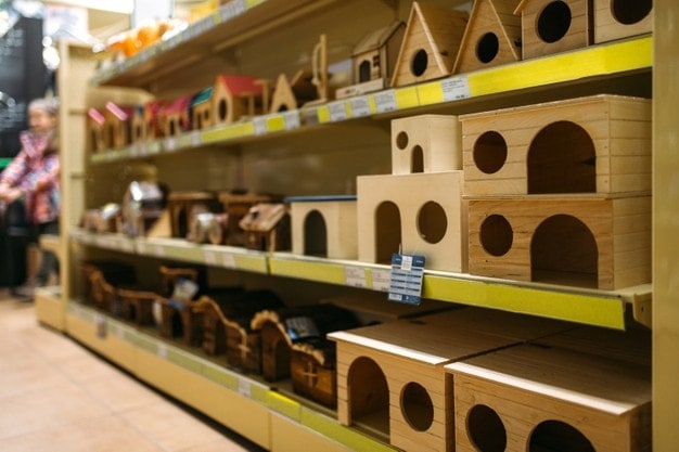pet store shelves with accessories